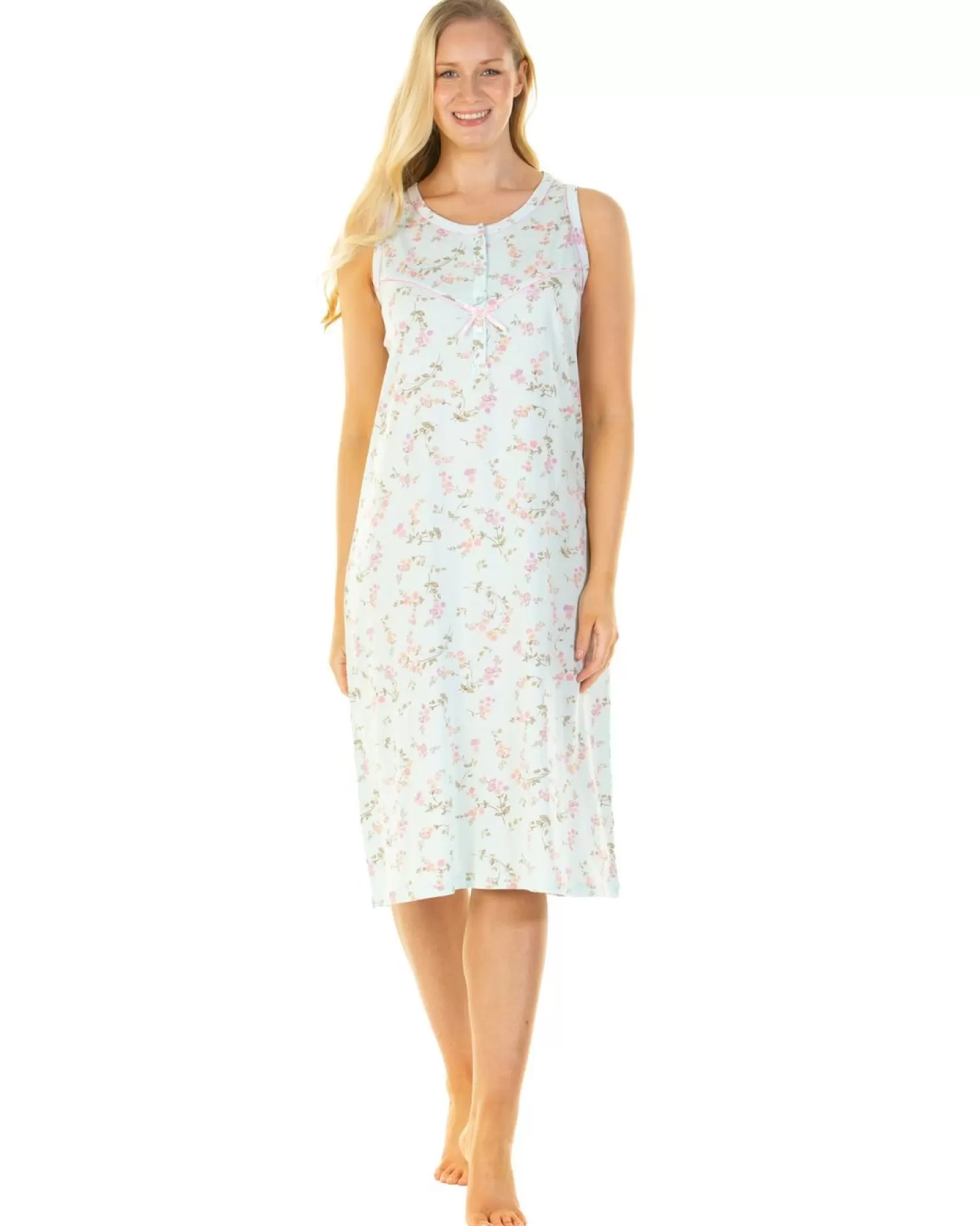 Sue Marks Nighties | Flower Spray Sleeveless Nightie - Aqua