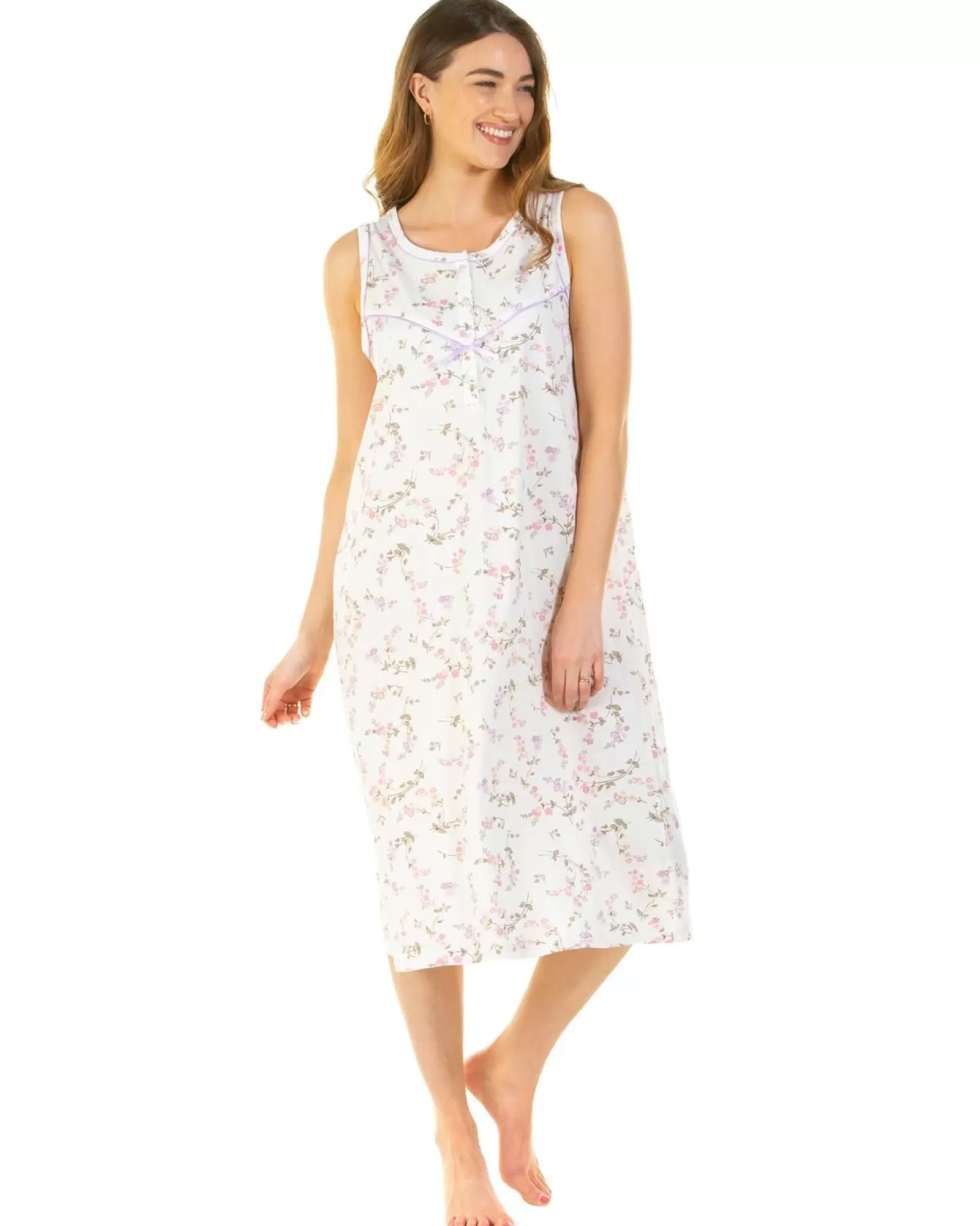 Sue Marks Nighties | Flower Spray Sleeveless Nightie - Ivory