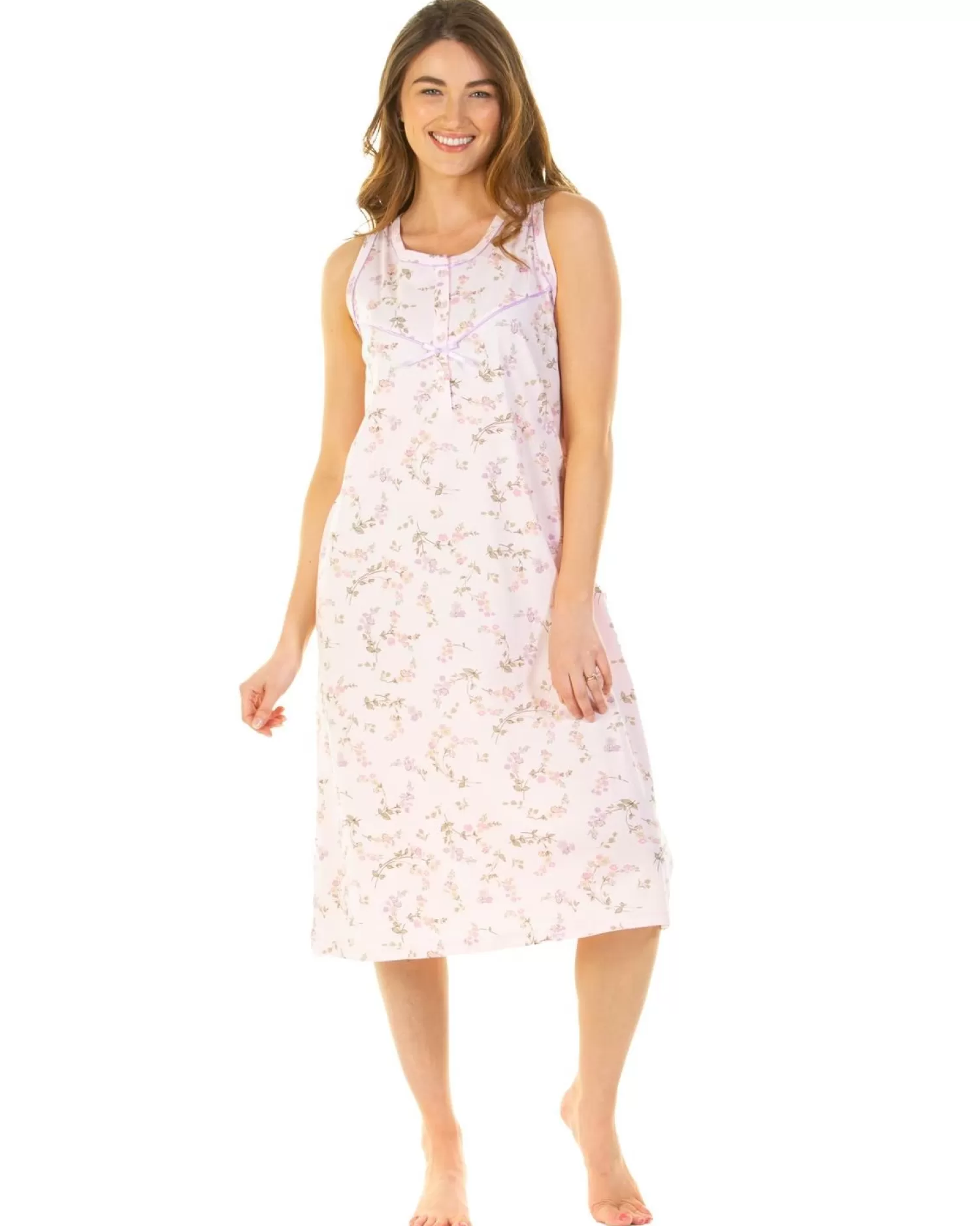 Sue Marks Nighties | Flower Spray Sleeveless Nightie - Pink