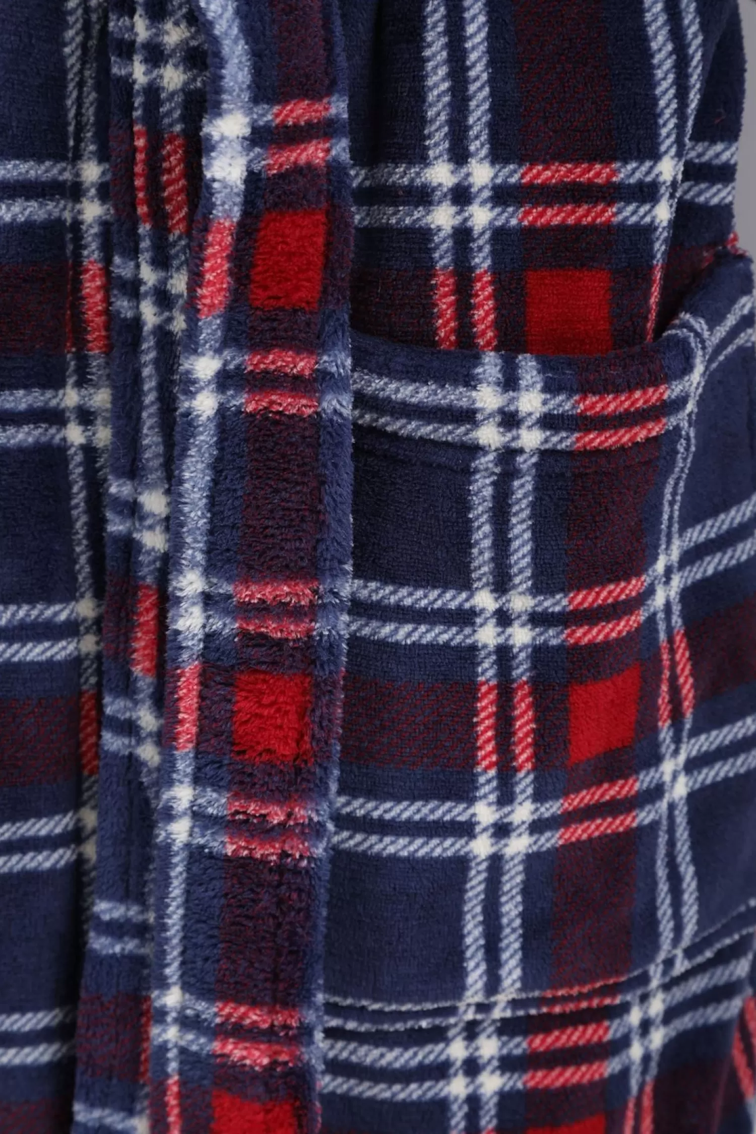 Men Walker Reid Check Coral Fleece Robe - Navy