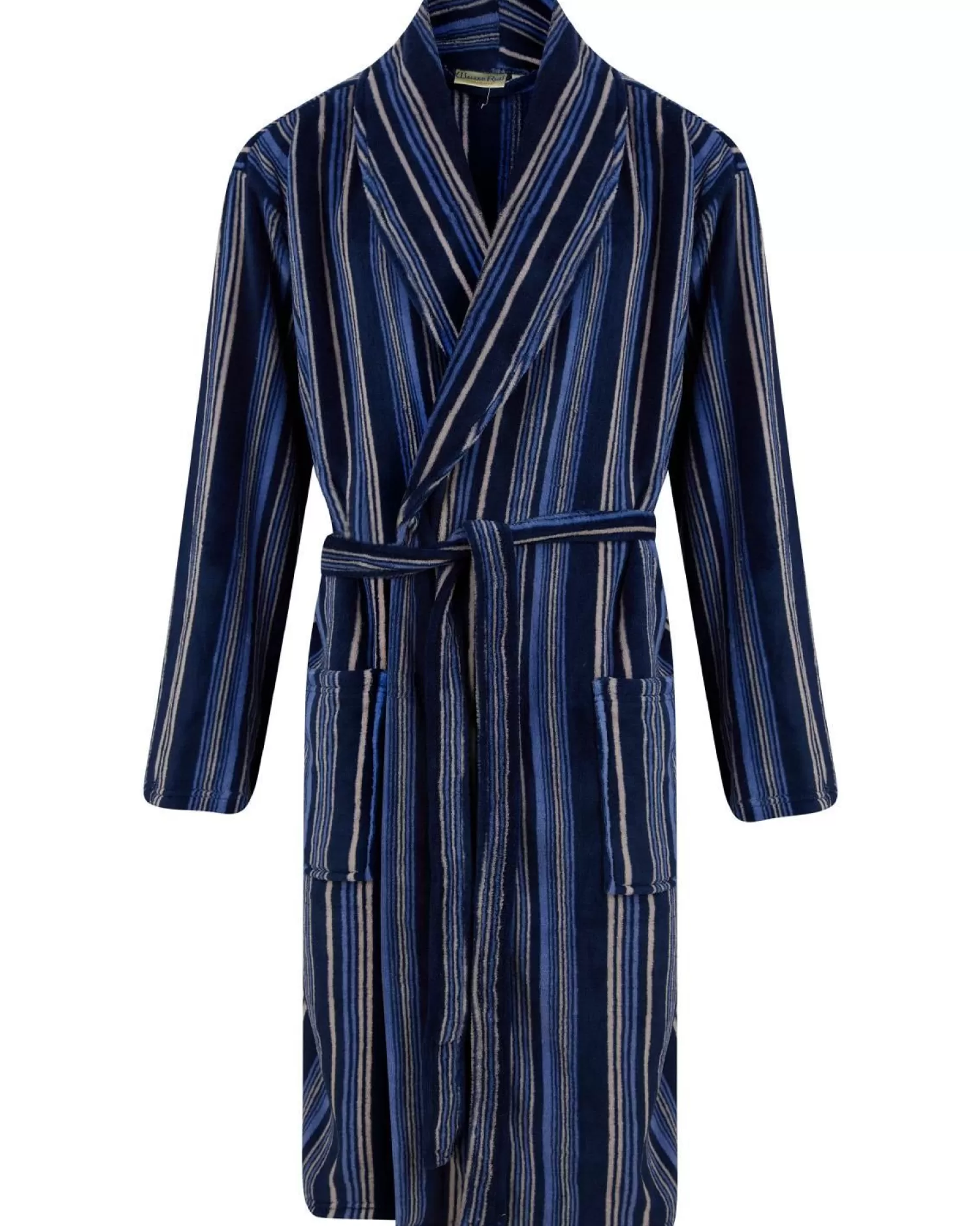 Men Walker Reid Stripe Coral Fleece Dressing Gown - Navy