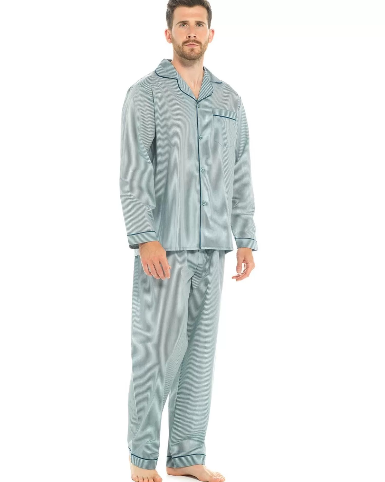 Men Walter Grange Traditional Polycotton Pyjamas - Blue Stripe