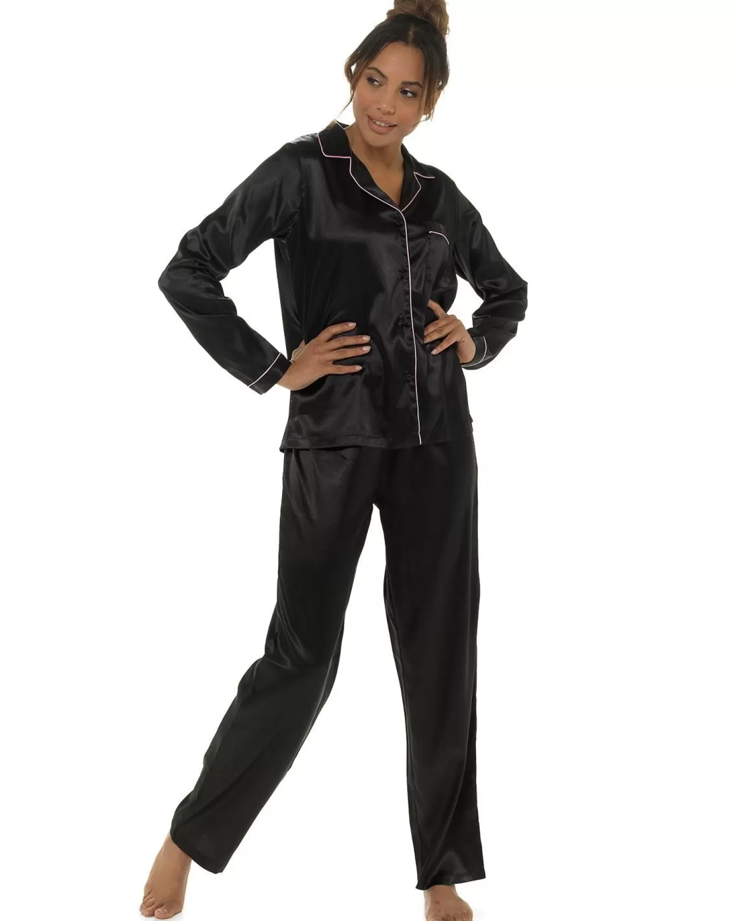 Wolf & Harte Pyjamas | Wolf & Harte Satin Button Pyjamas - Black