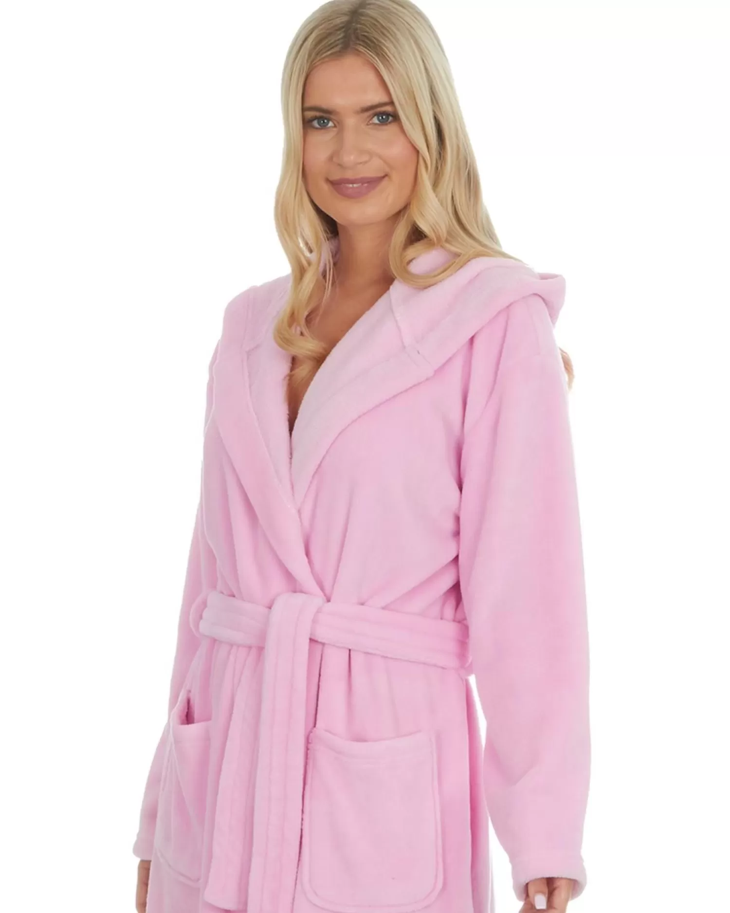Embargo Dressing Gowns | Womens Fleece Hooded Dressing Gown - Baby Pink