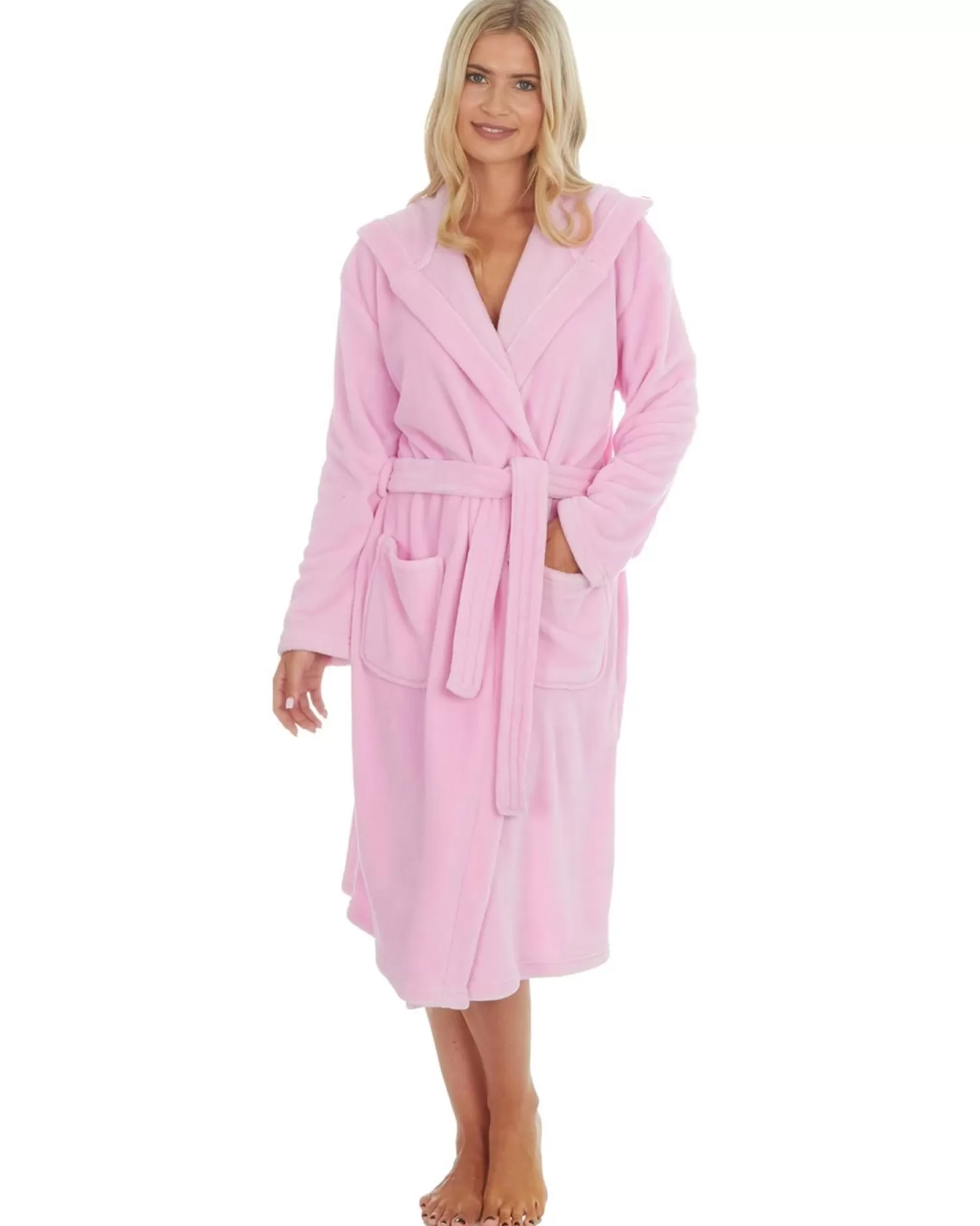 Embargo Dressing Gowns | Womens Fleece Hooded Dressing Gown - Baby Pink