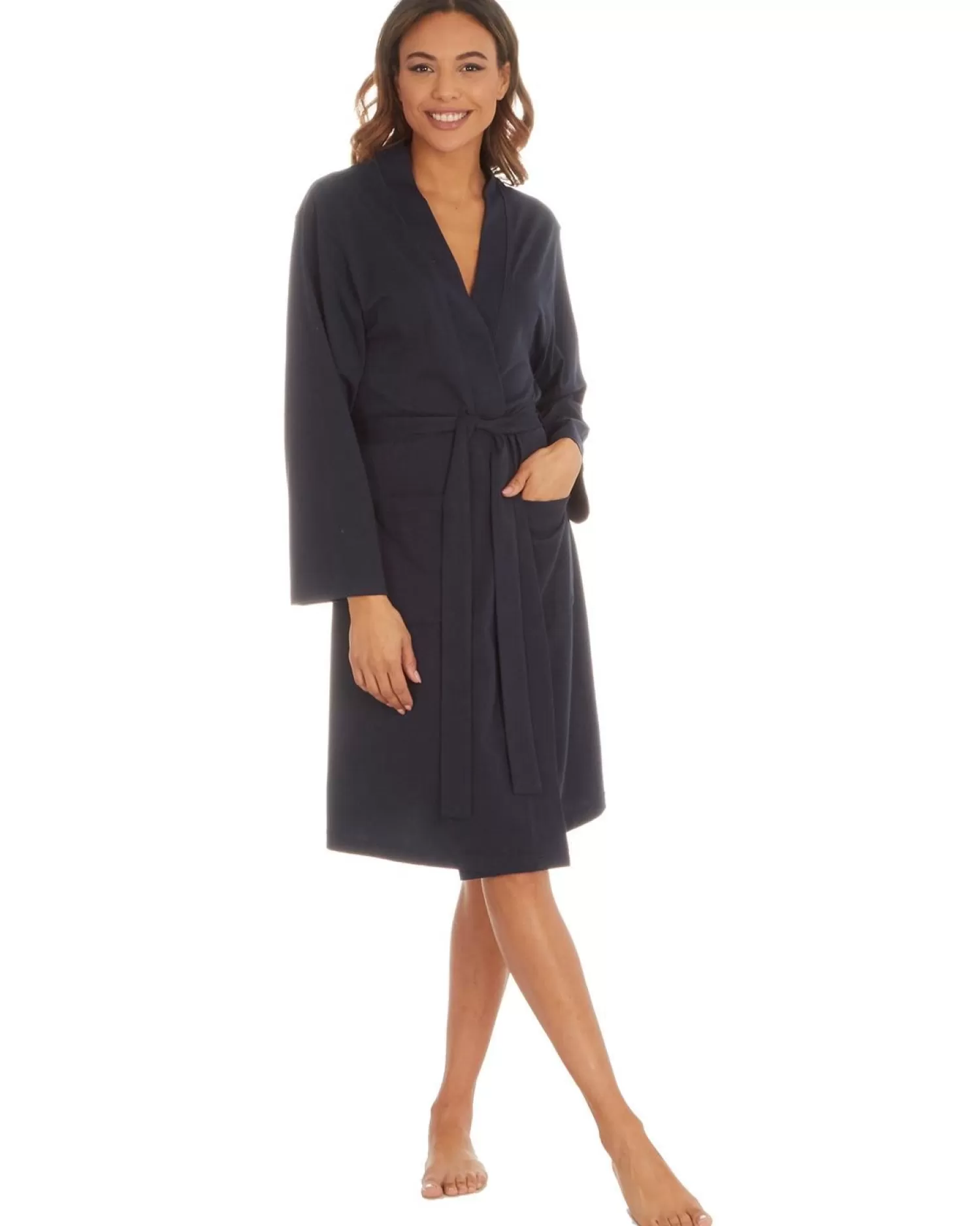 Momenti Dressing Gowns | Womens Jersey Cotton Rich Kimono Robe - Navy
