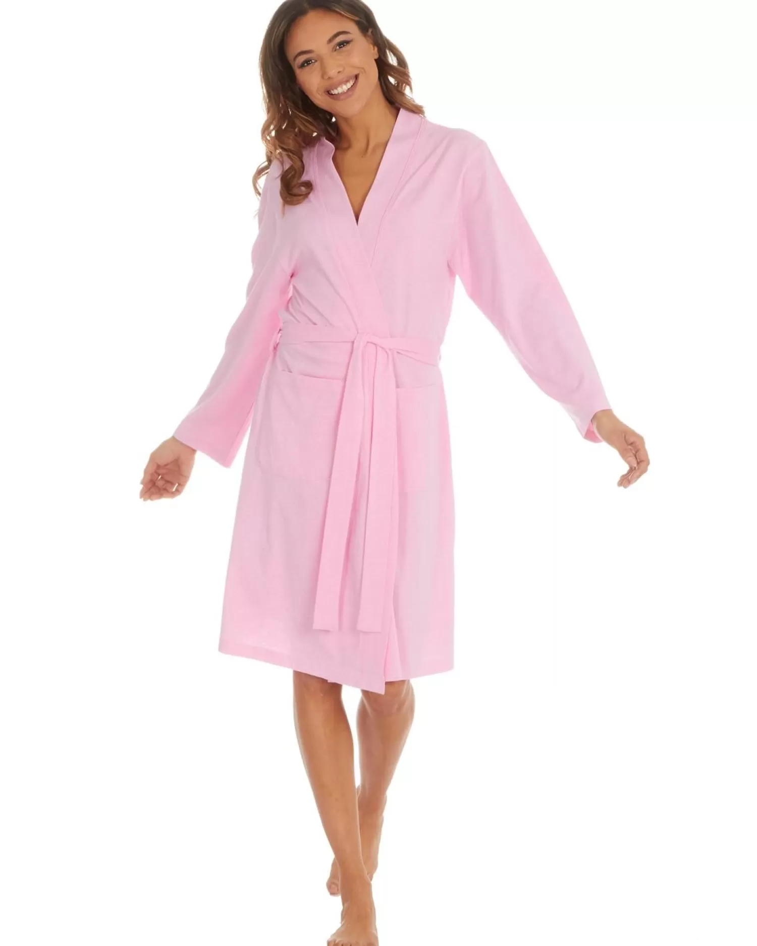 Momenti Dressing Gowns | Womens Jersey Cotton Rich Kimono Robe - Pink